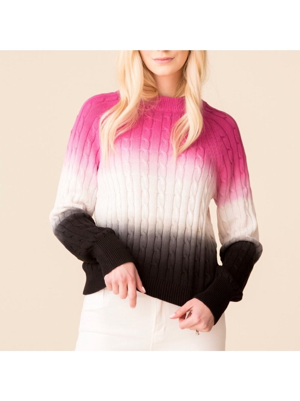 NWOT VEDA Sweater Size Petite (0-2) Dip Dye Tie Dye Cable Knit Pink Black White